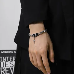 Black Zircon Star Cross Bracelet Stainless Steel Chain for Women Men‘s Bracelets on Hand Gothic Jewelry Boyfriends Couples Gifts