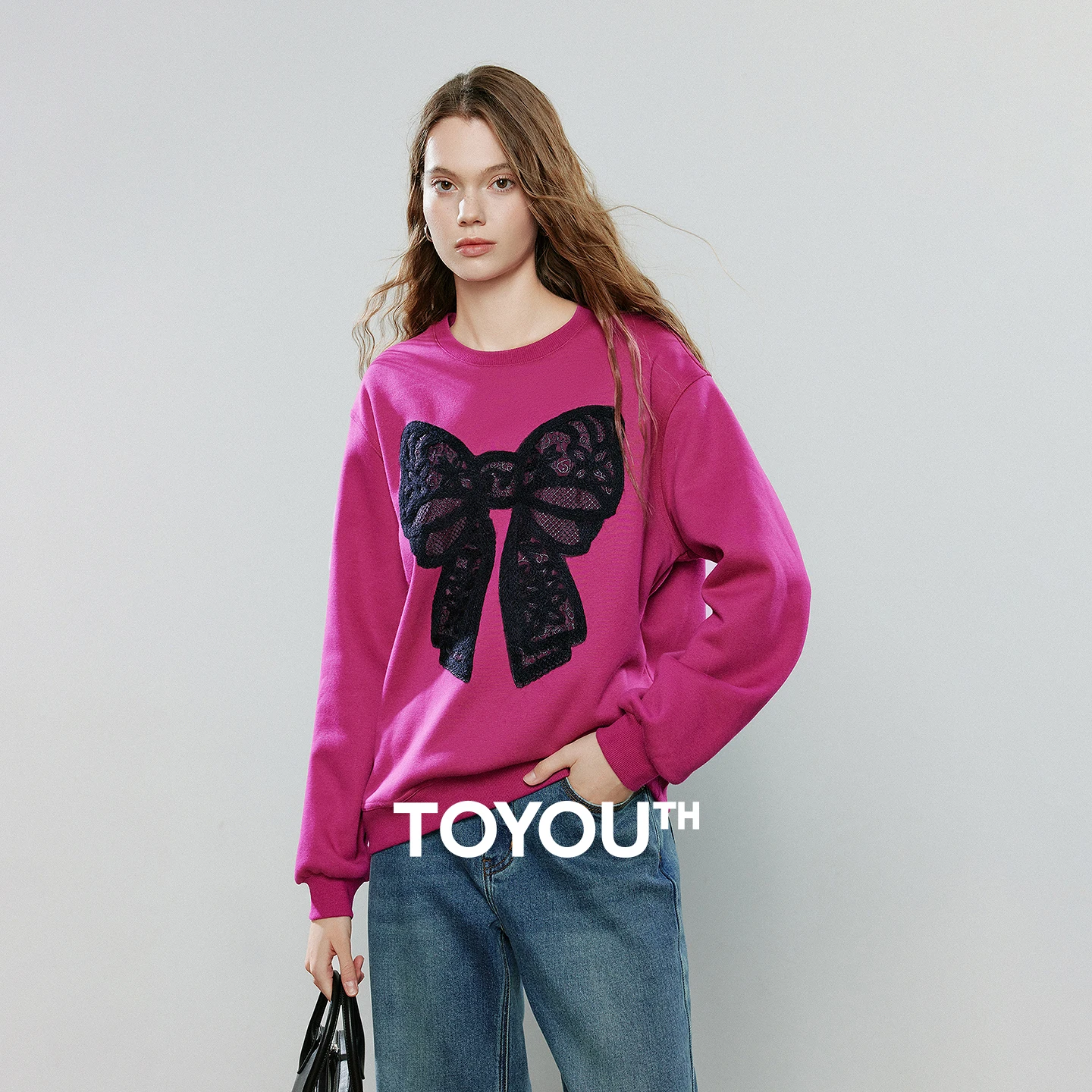 

TOYOUTH Women Hoodies Sweatshirt 2025 Autumn NewAsymmetric Spliced Lace Bow Crew Neck Warm Design Pullover Tops