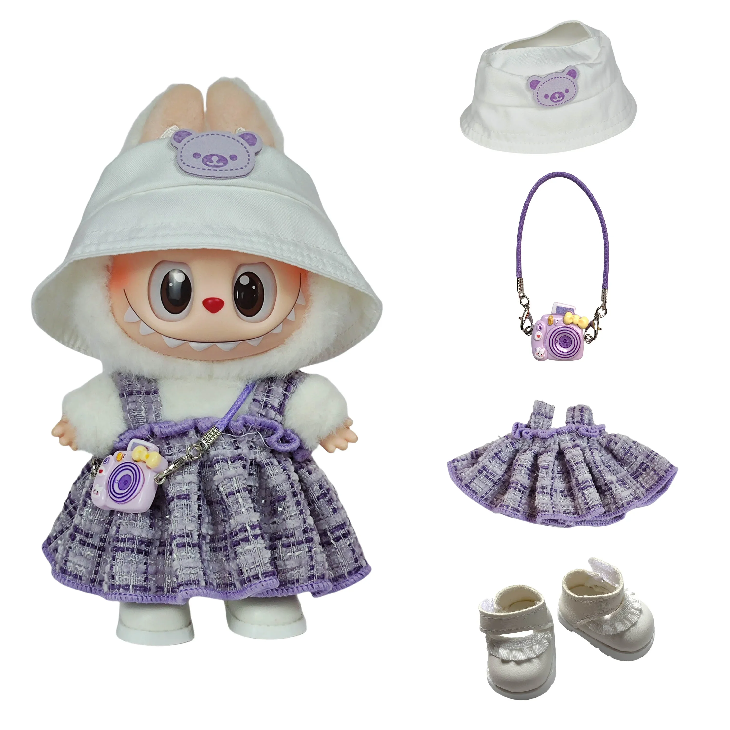 Kleding voor Labubu 1e/2e/3e generatie hangende outfits - paarse geruite overall voor zittende poppen