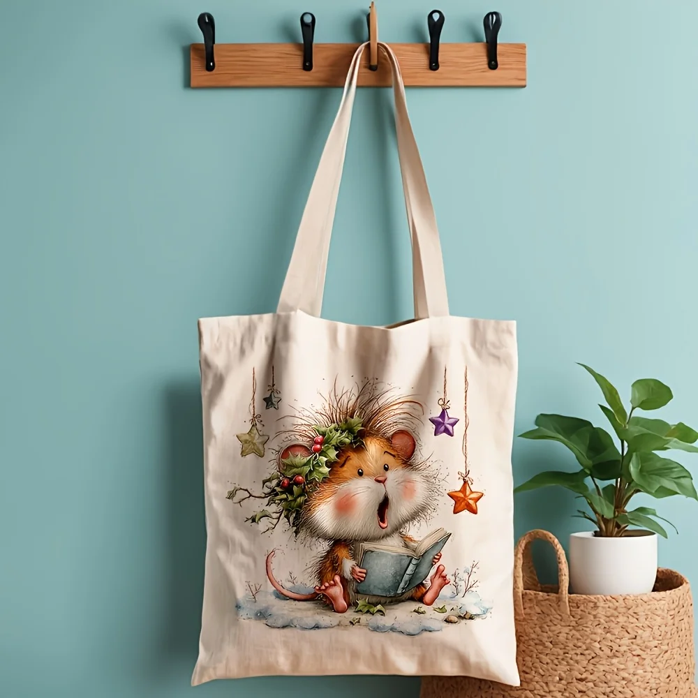 1pc, Double-sided Print, Cute Hamster Reading Book Christmas Tote Bag, Holly Star Winter Print Shoulder Bag, Animal Lover Holida