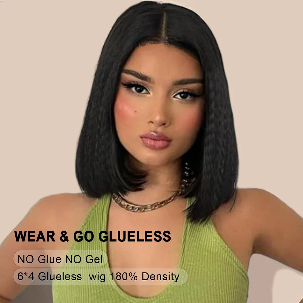 

Kinky Straight Bob Hair Wigs 100% Human Hair Pre plucked Bleached Knots Natural Hair Line Yaki Straight Glueless Wigs Bob