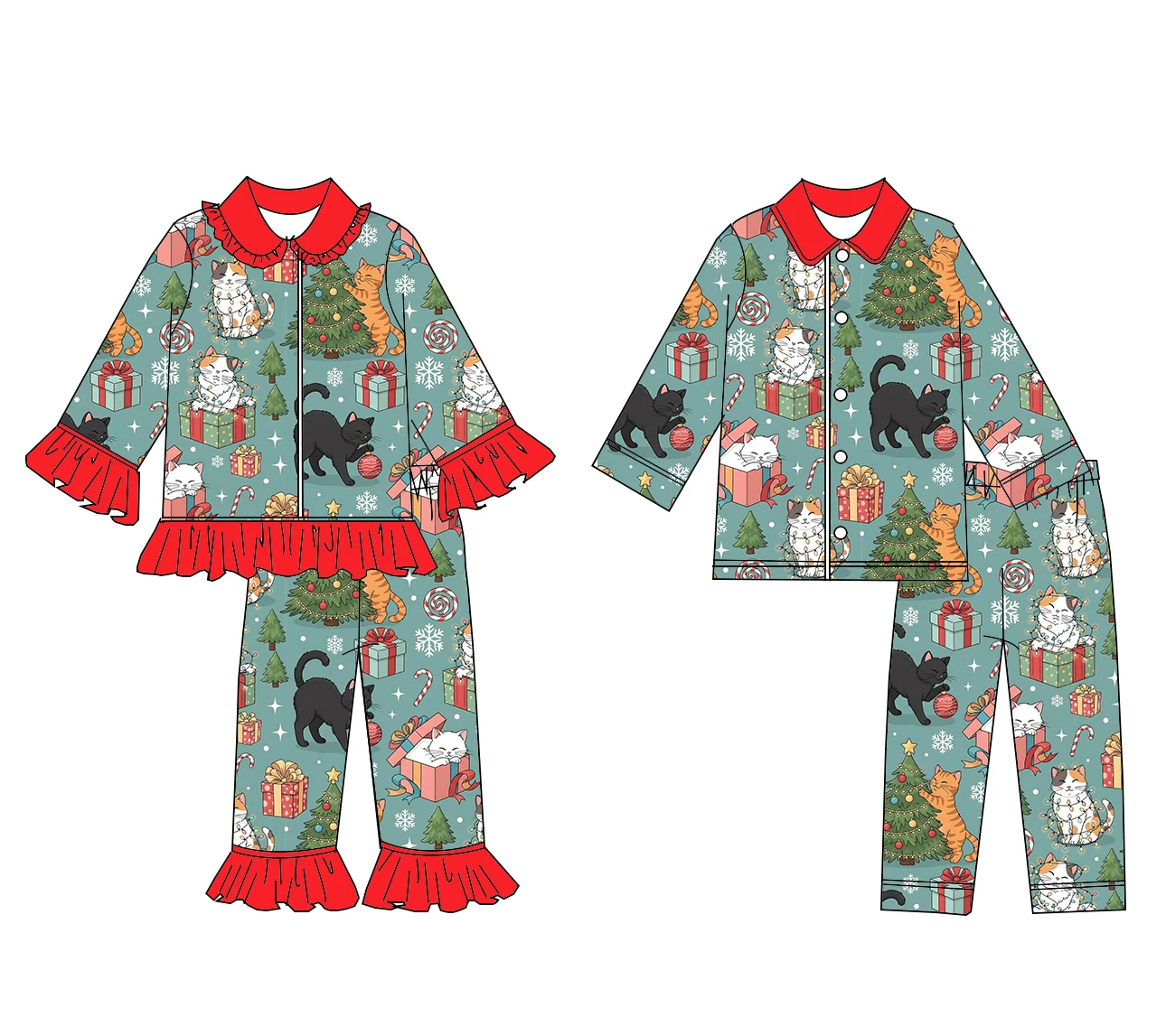 

New hot selling boutique children's suit Christmas long sleeve trousers cat tree cartoon print girls boys lapel pajamas set