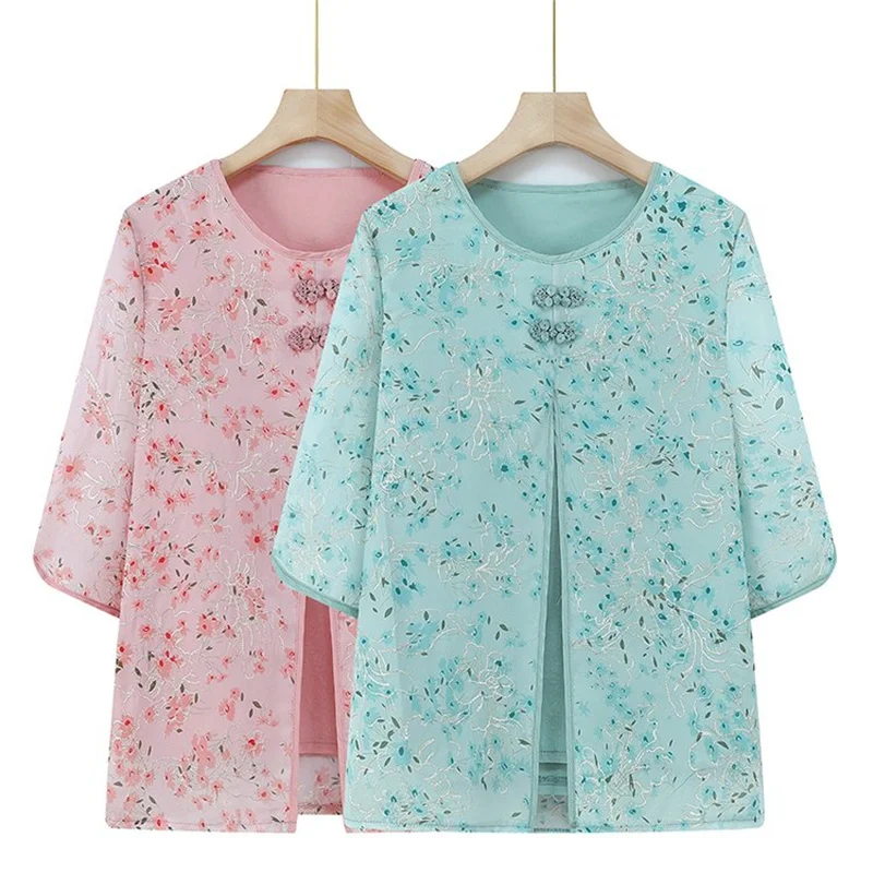 Camisa de dos piezas falsas para mujer, Tops de media manga con encaje hueco, ropa de abuela, blusa elástica para madre de mediana edad, Verano