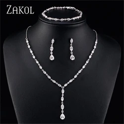 ZAKOL Luxury Water Drop Zirconia Wedding Jewelry Gorgeous Shiny CZ Necklace/Bracelet/Earrings Jewelry Sets for Bridal