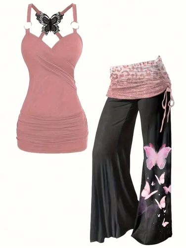 

Плюс размер шнурок бабочка кружево лотос розовый лоскутный топ галстук-краситель широкие брюки комплект из двух предметов