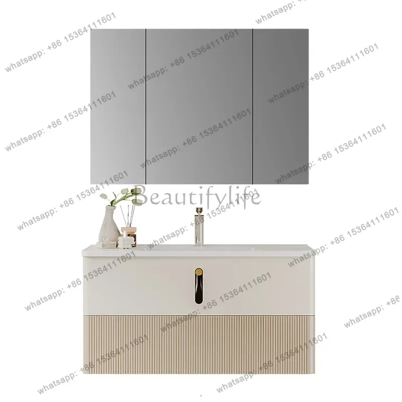 

Light luxury cream style painted solid wood bathroom cabinet combination ceramic integrated basin bathroom wall cabinet