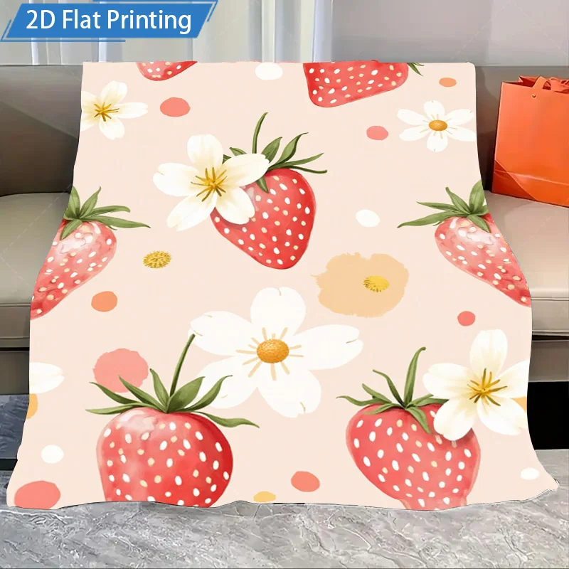 

1pc Flannel Blanket Cute Strawberry Flower Print Blanket Soft Cozy Throw for Bed Sofa Living Room Decor 2D Flat Printing