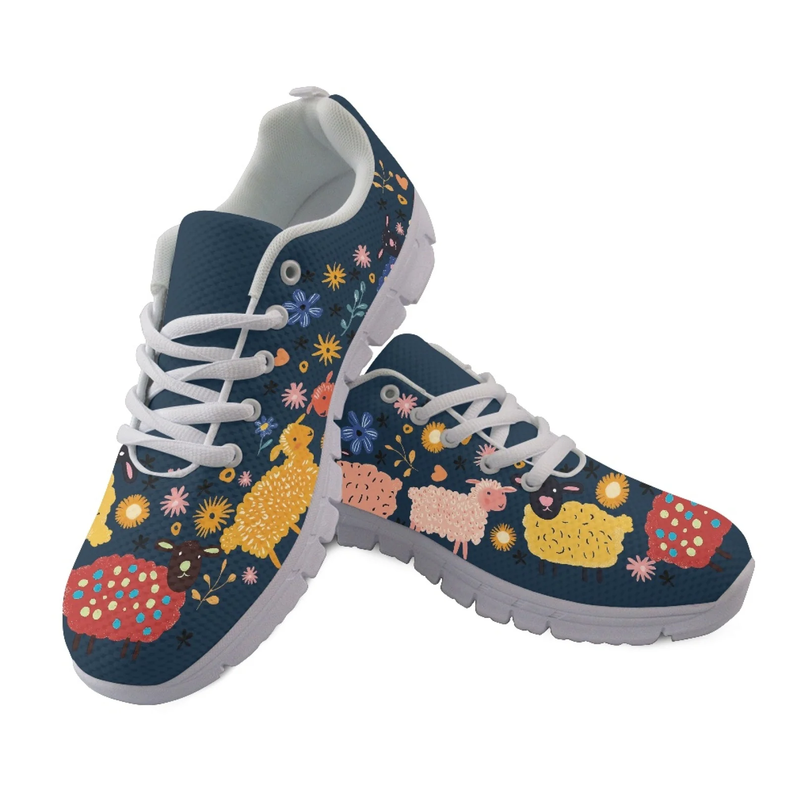 Coloranimal Sheep Floral Print Athletic Sport Footwear, Mesh and EVA Sole Lace up Sneakers for Women and Men for Gym