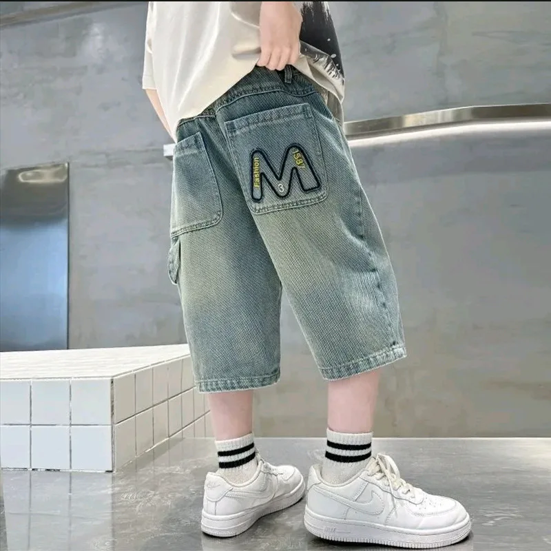 Summer Teen Boys Jeans Pants Letter Print Leisure Capri Pants For 5 6 8 10 12 14 Years Boys Loose Fitting Cowboy Short Trousers