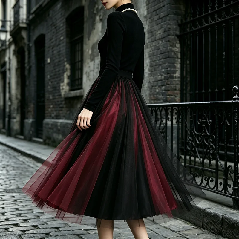 Damen Gothic Mehrschichtiger Tüll-Midirock mit Hoher Taille, A-Linie Mesh-Swingrock, Vintage Schwarz-Roter Tüllrock für Abendpartys – Detail 5