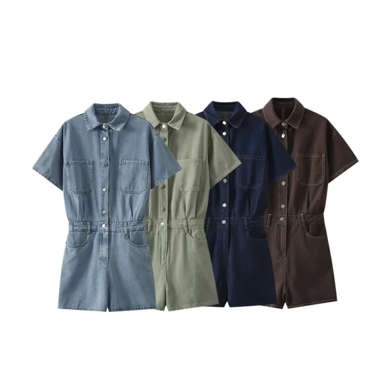 

One-piece Shorts Jumpsuit Playsuit Short Sleeves Summer Female Denim Simple Style Jumpsuit Short Pants Turn-down Collar Tops