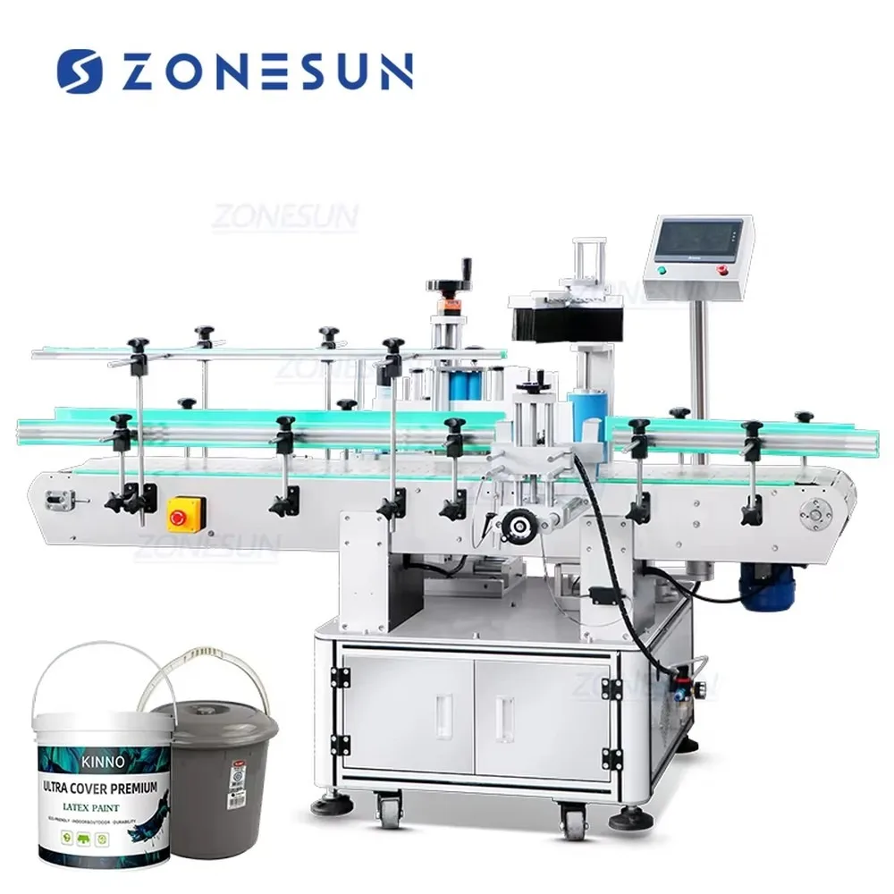 Automatic Round Bucket Labeling Machine Vertical Adhesive Label Applicator For Large Round Containers Efficient ZONESUN