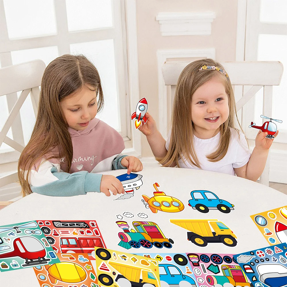 8/16Sheets Cartoon Vehicle Puzzle Stickers Engineering Transportation Kids Educational DIY Cartoon Jigsaw Make a Face Sticker