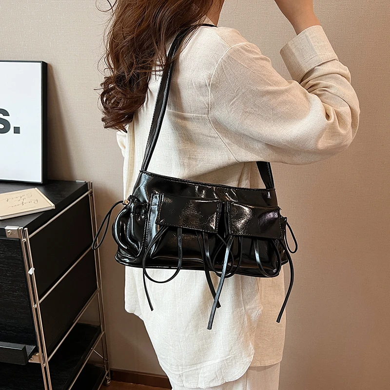 Sweet Girls Fashion Bow Shoulder Bag Soft Pu Leather Vintage Armpit Bag Large Capacity Multi-pocket Female Commuter Tote Bag2024