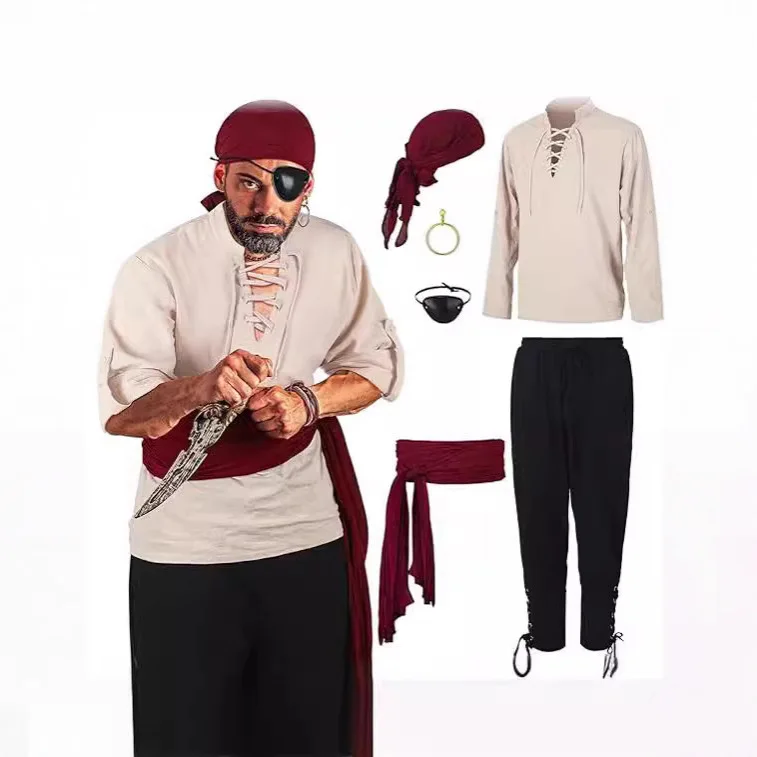 Halloween Men's Pirate Costume Men's Renaissance Viking Shirt Strap Pants Headscarf