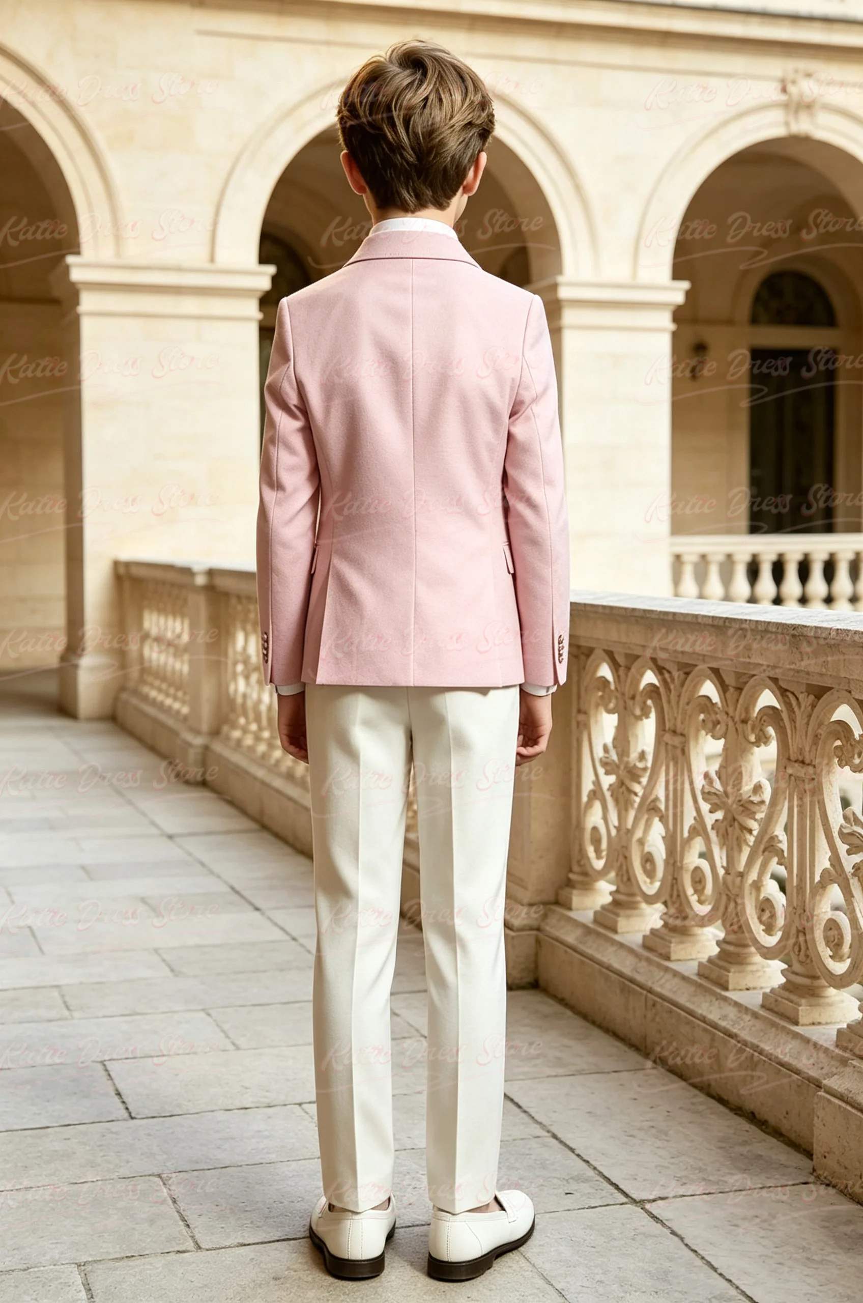 Pink & White Custom Double Breasted 2-Piece Suits Jacket Pants Formal Kids For Wedding Birthday Party School Performance Wear