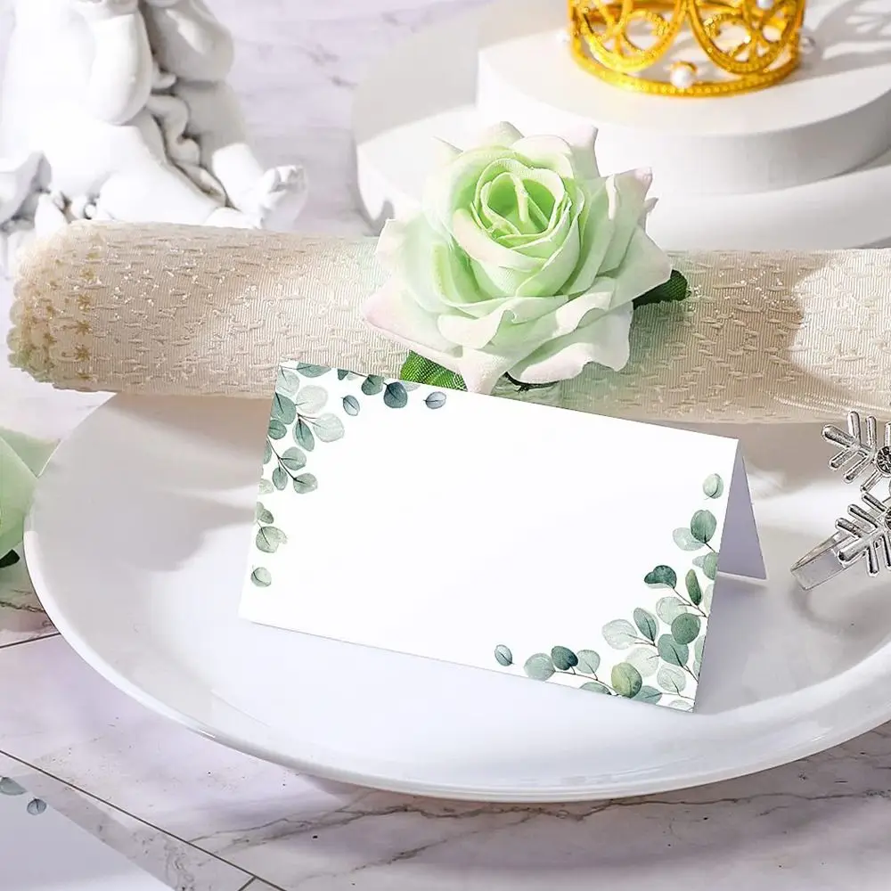 

50pcs Blank Green Leaf Table Place Cards Folded Elegant Message Setting Card Paper Tented Name Card Wedding Anniversary