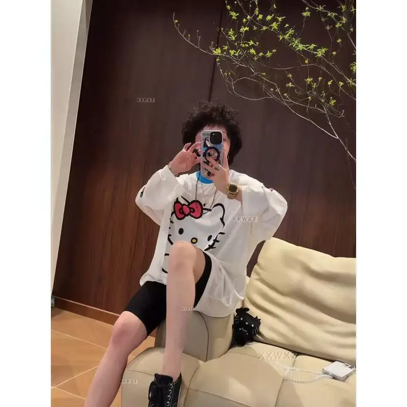 Long-Sleeved Hello Kitty Summer New Style Cartoon Cute Printed T-Shirt for Women Popular Loose Sun Protection Clothing Thin Tops view 5