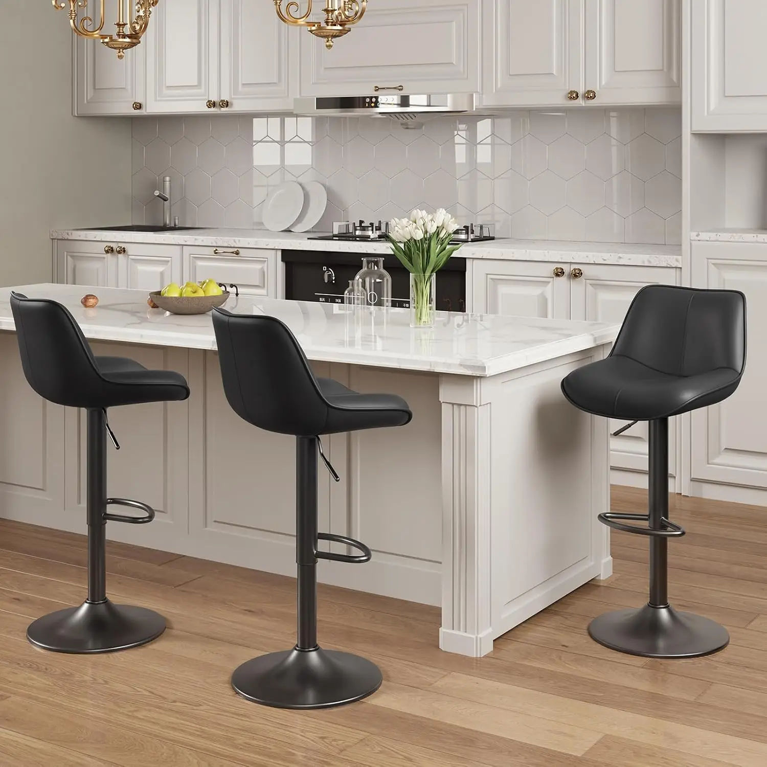Bar Stools Set of 3, Swivel Bar Chairs, Modern Adjustable PU Leather Upholstered Barstools Counter Height with Curved Back