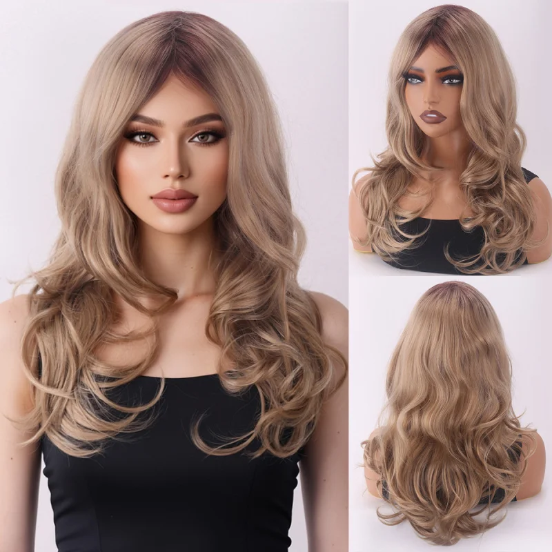 

-parted large without bangs, long curly for daily use, multi-color light brown medium wavy synthetic hair,