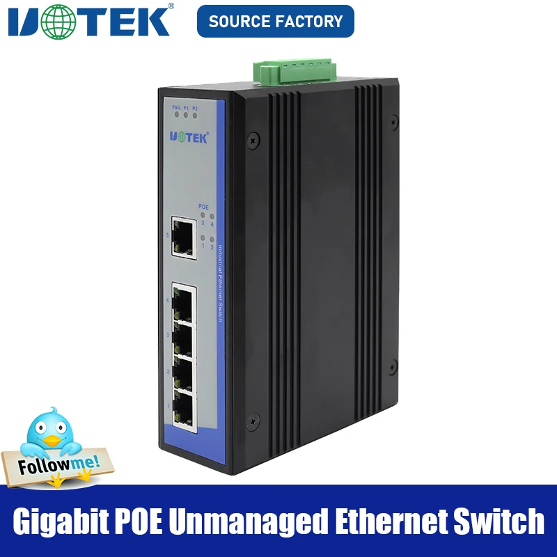 

UOTEK Industrial 1000M 4 Ports Unmanaged Ethernet POE Switch Gigabit Optical Fiber SEP SC Interface DIN-Rail UT-6405G-POE