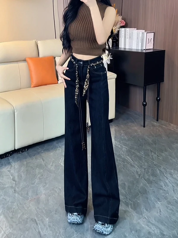 

Синие джинсы с высокой талией и широкими штанинами, женские весенне-осенние новые брюки длиной до пола прямого кроя с лентой