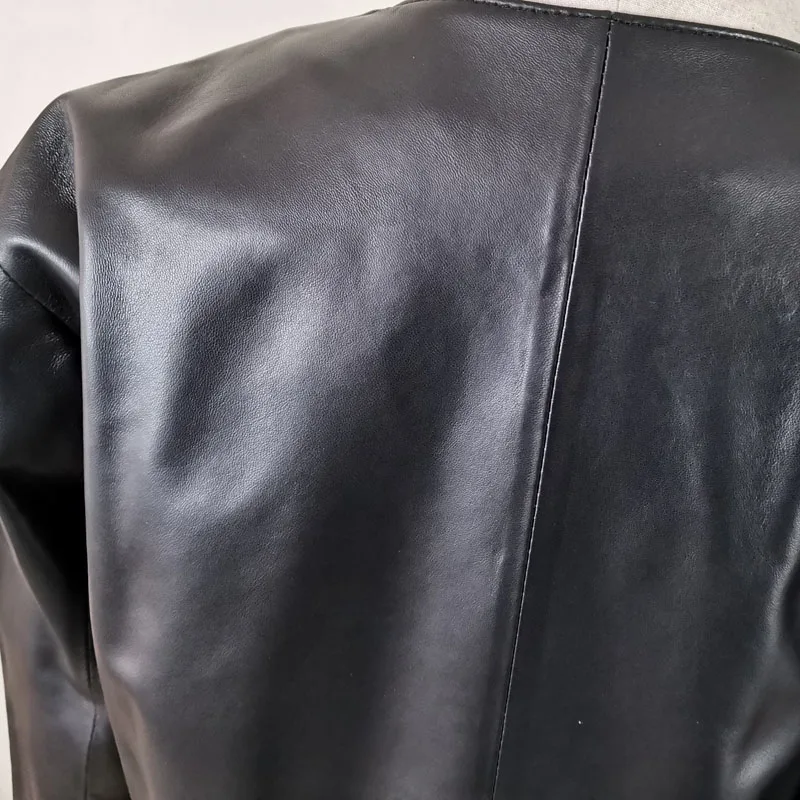 Import Genuine Leather Jacket 2022 New Fashion Women Coat Spring O-Neck Collar Short Length Drop-Shoulder Pocket Decoration