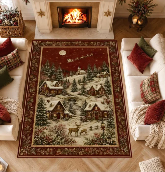 Christmas Village Rug, Snowy Cabin Winter Scene, Red Beige Options, Washable Non Slip Area Rug Cozy Farmhouse Holiday Home Decor