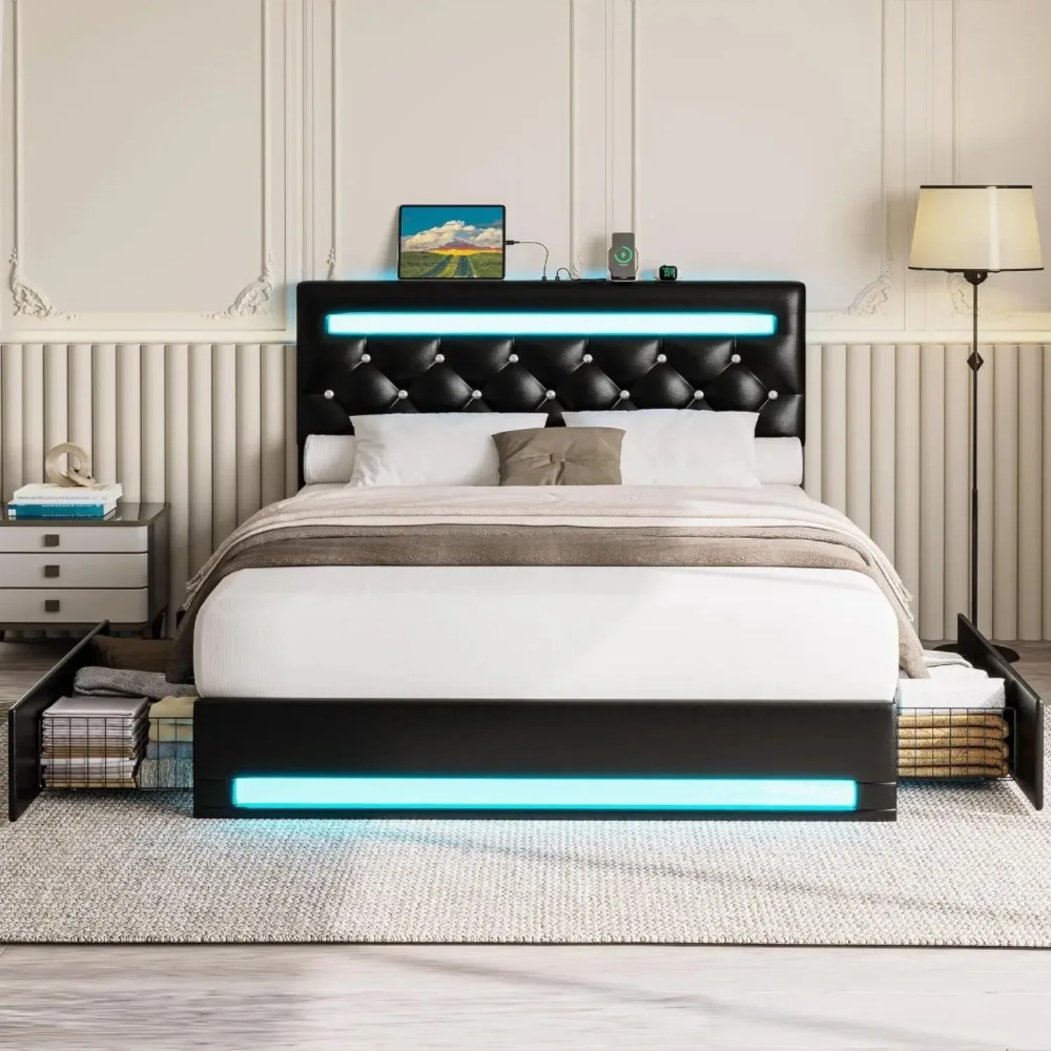 

Full Size Bed Frame with LED Light, PU Leather Platform Bed Frame with 4 Drawers, Adjustable Crystal Button Tufted Headboard