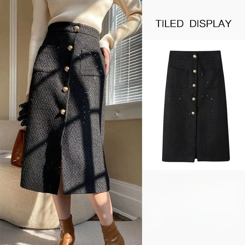 ASDS  WOMEN Classic Style Fashion French Stardust Sequins Tweed High WaistALine Skirt Mid-Length Split Skirt