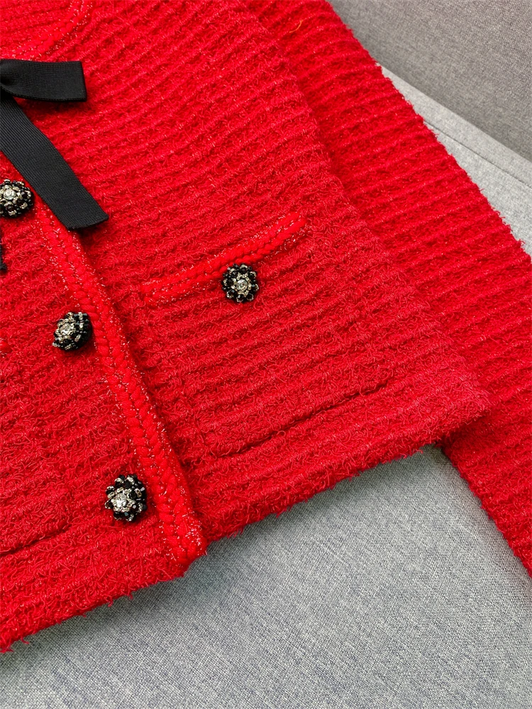 Weihnachtskleid, rot, elegantes Set, Schleife, quadratischer Ausschnitt, Waffel-Strickjacke + halber Rock für Damen, 2-teiliges rotes Tweed-Set für Damen