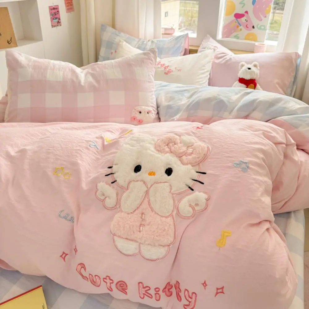 

Miniso Kawaii Hellokitty Washed Cotton Four Piece Set for Household Items Duvet Covers Student Dormitory Bedding Bed Sheets