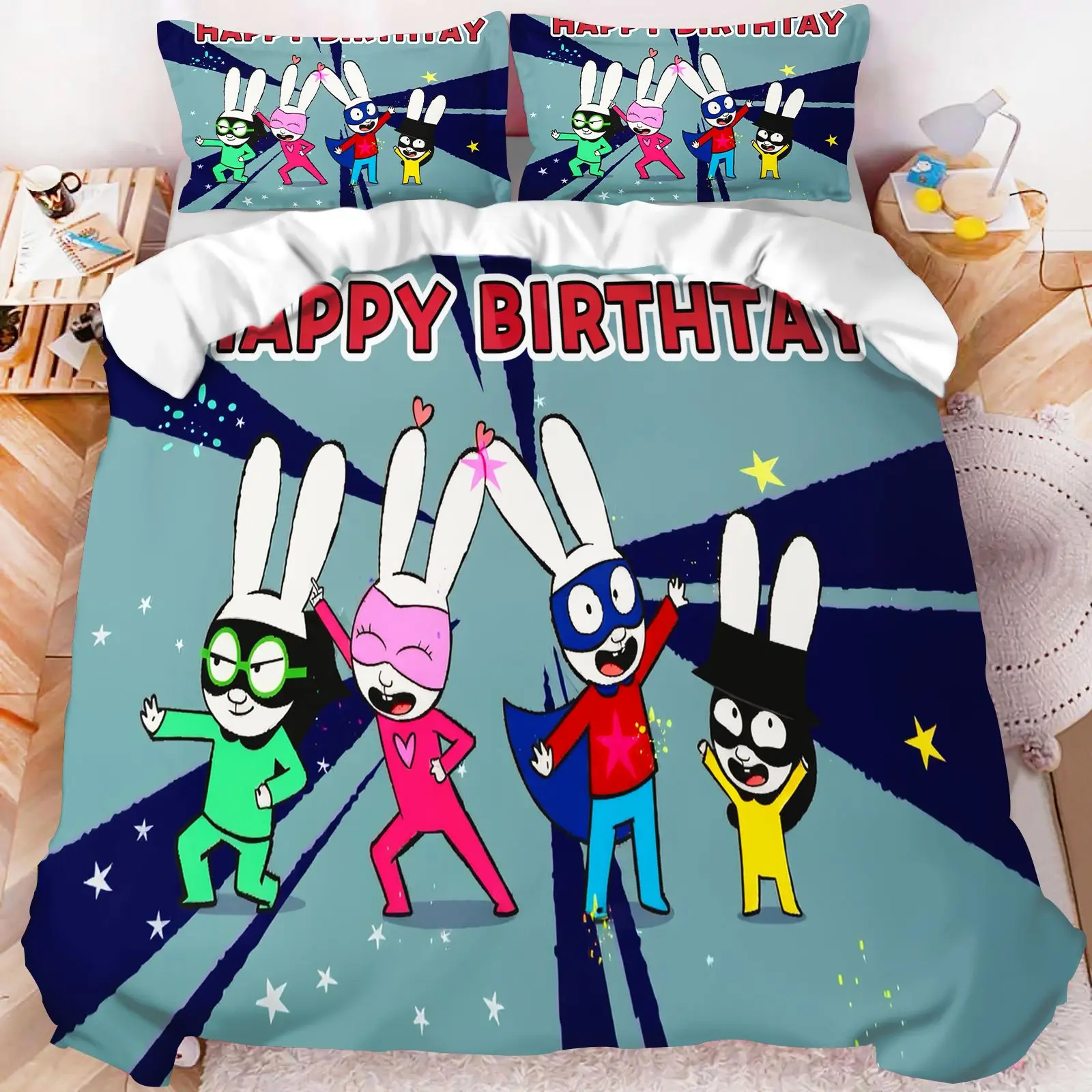 Simon Super Rabbit Bedding Set Happy Birthday Cartoon Duvet Cover Kids Bedroom Decor Bed Linen Quilt Cover Pillowcase