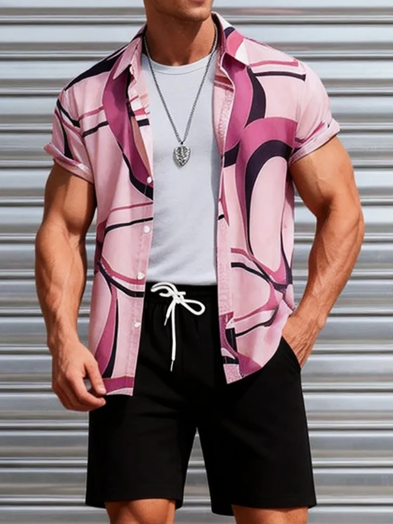 Camisa de manga corta para hombre con estampado de arte abstracto vibrante y cuello campero, ideal para vacaciones.
