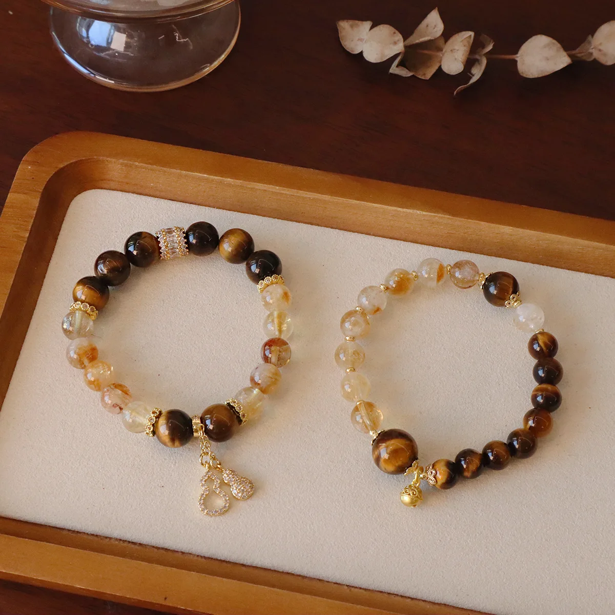 

Zircon Gourd&Gold Metal Ball Pendant 10MM Natural Yellow Topaz Crystal Tiger's Eye Stones Beaded Strand Bracelets for Women 1412
