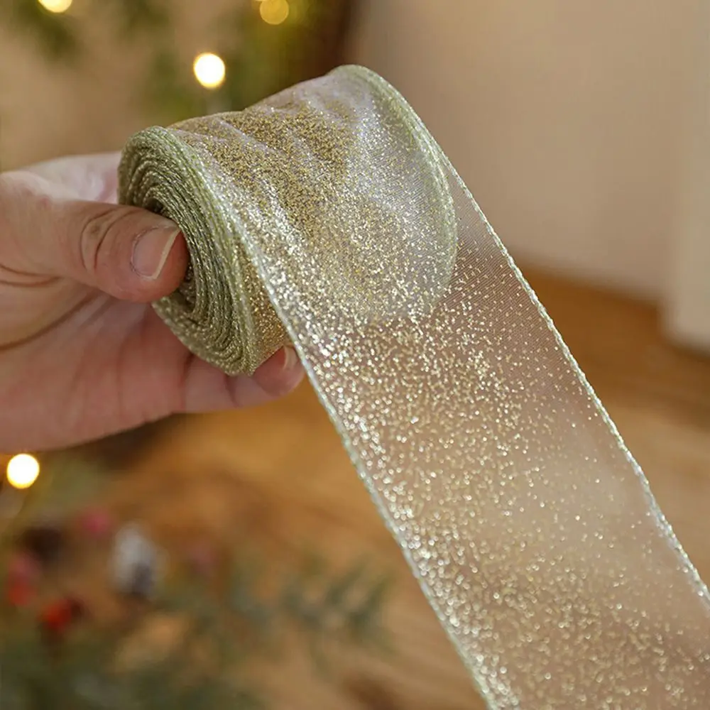 Gold Wire Edge Christmas Ribbon Weaving Mesh Yarn Wrapping Christmas Tree Ribbon Classic Xmas Bows Fabric Craft Ribbon