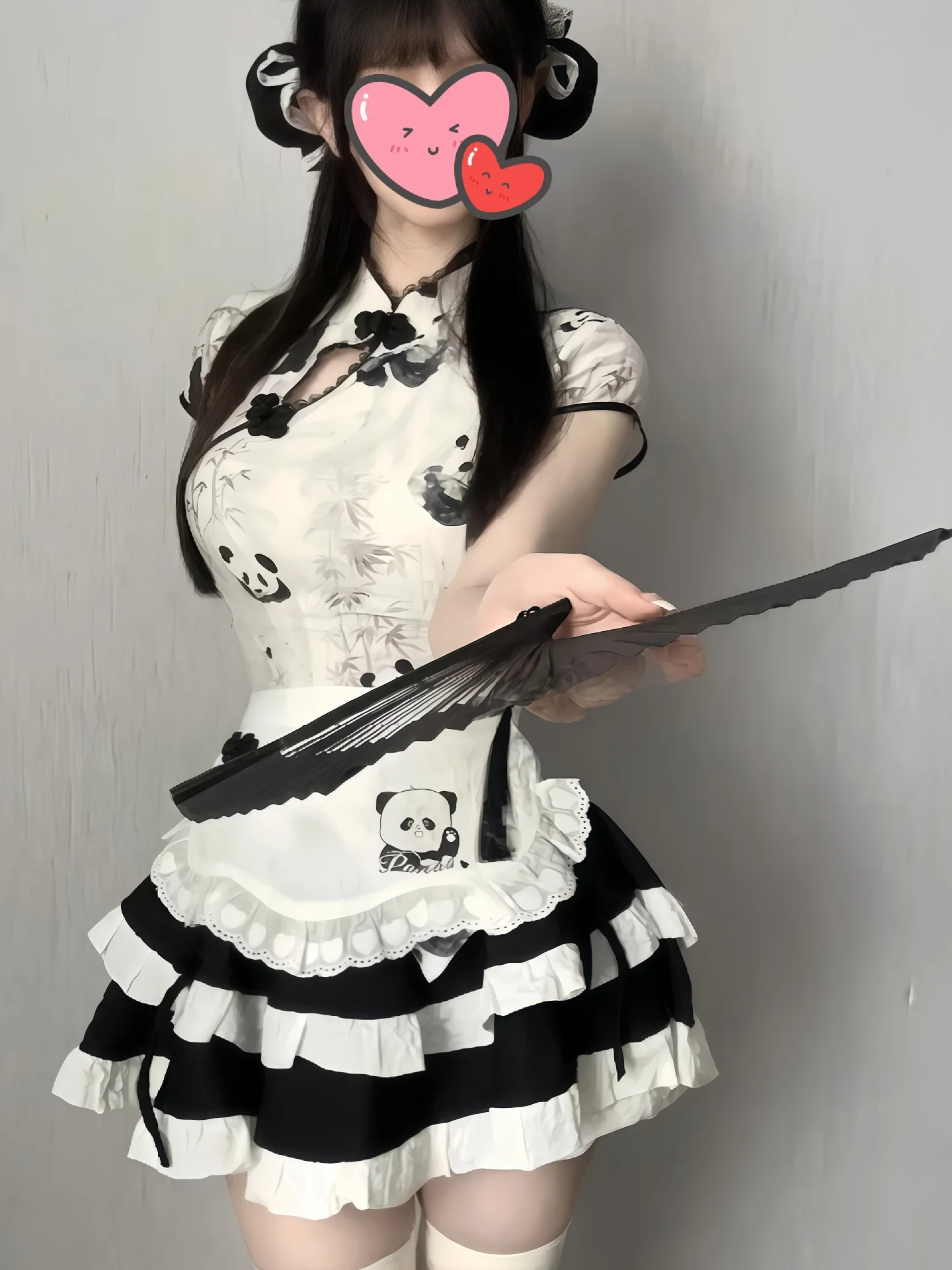 

Cute Panda Print Chinese Sle Qipao Skirt Apron Cartoon Maid Puffy Skirt Set Nightgown Home Clothes Youth Summer