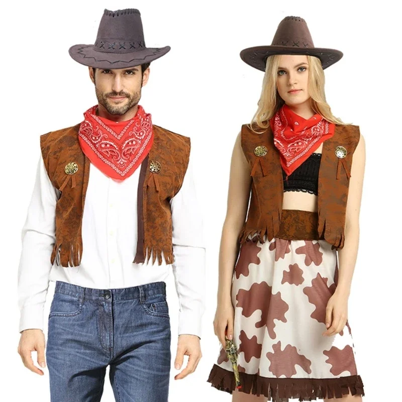 Cow-boy Costumes Set Includes Vests Hat Scarf Cos-play Costume Accessories for Women Men Halloween Party Dress-up R7RF