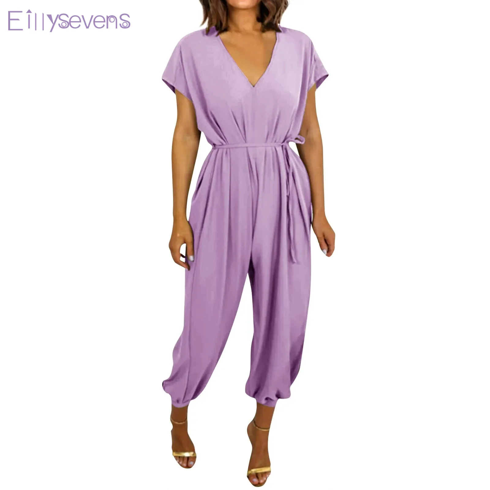 

Women's Jumpsuits Summer V-Neck Jumpsuit Waist sexy One-piece Pant Solid Color Waist Tied Harlan one pieces pants pantalones