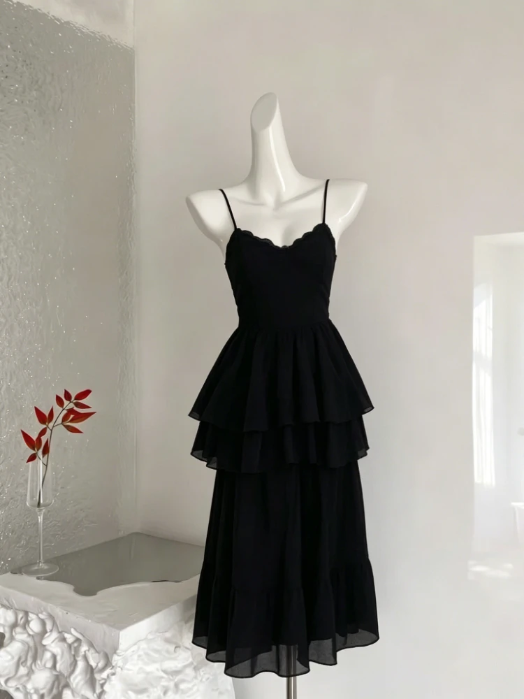 Summer Casual Sweet 2 Piece Set for Women Lace Spaghetti Strap Dresses + High Waist Design Midi Skirt Chic Daily Female Outfits