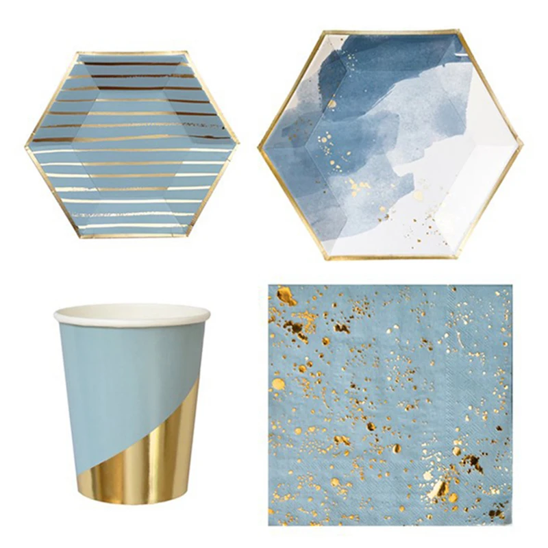 أدوات مائدة زرقاء بألوان مائية للاستعمال مرة واحدة ، رقائق ذهبية ، أطباق ورقية مخططة ، أكواب ، منديل ، عيد ميلاد ، لوازم حفلات الزفاف ، ديكور الذكرى السنوية