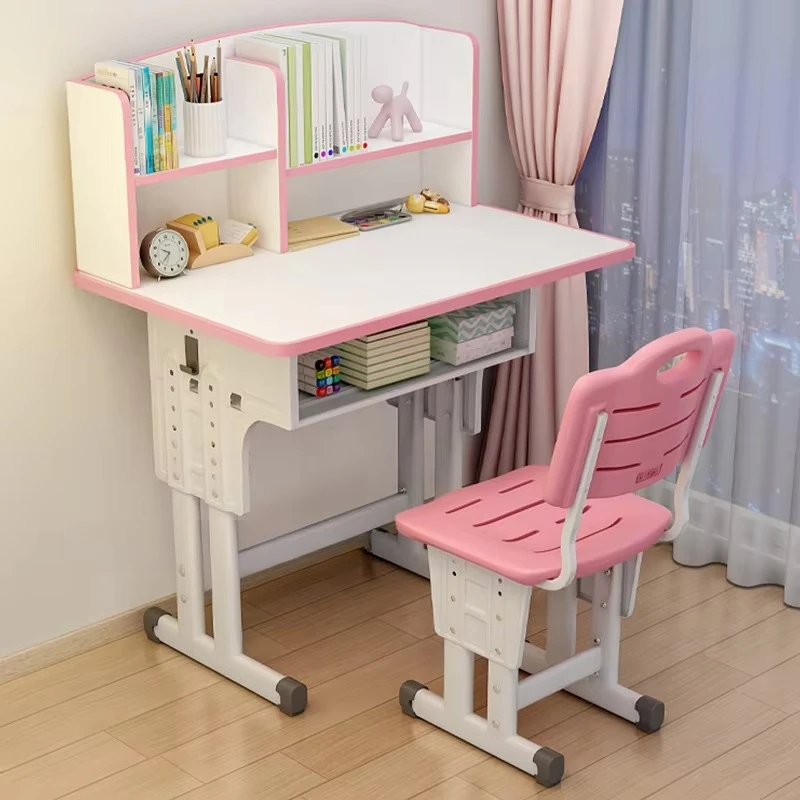 Modern Ergonomics Children's Adjustable Height Book Desk Chair Set with Bookshelf Household Furniture Wooden Children