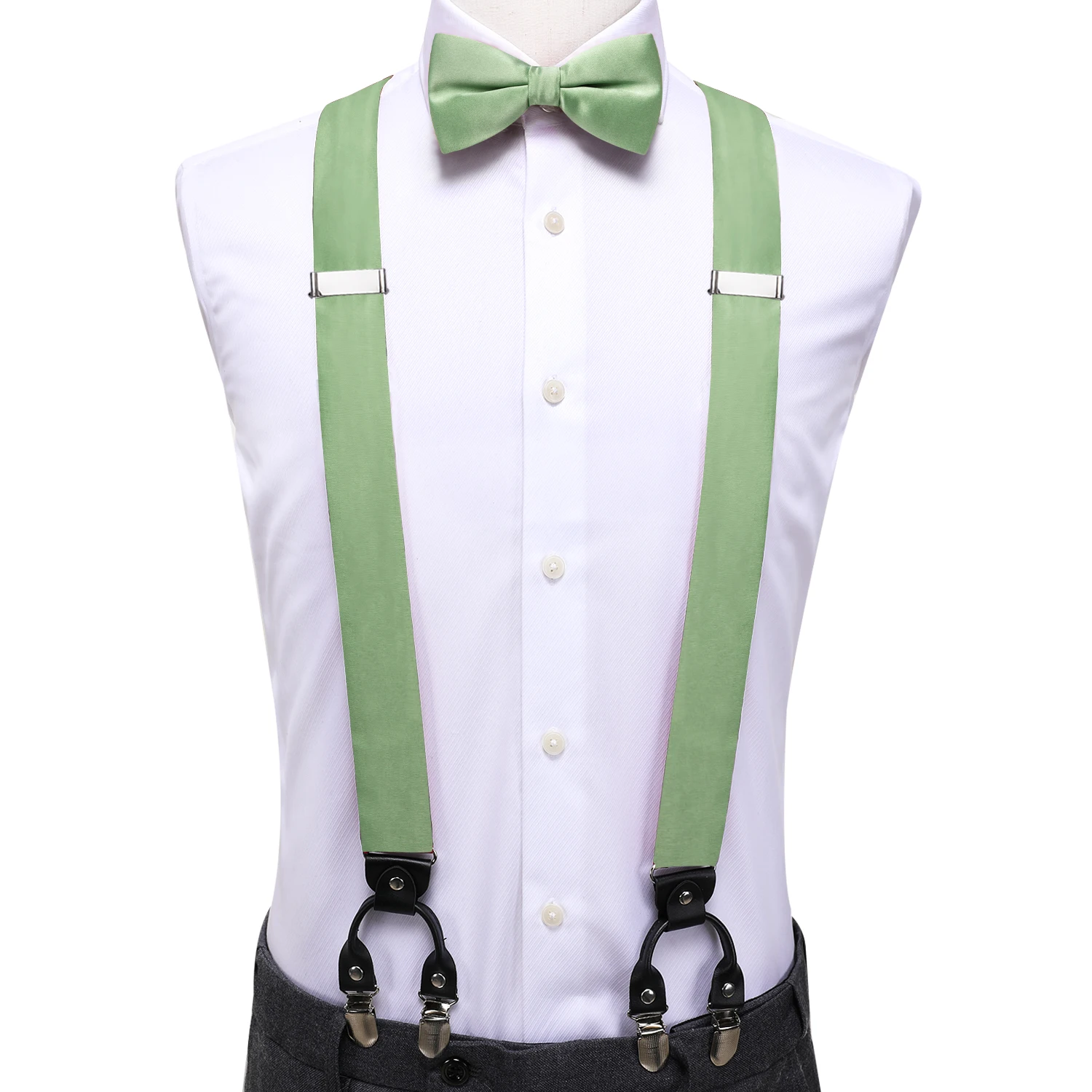 Hi-Tie Sage Green Solid Silk Men Suspender Bowtie Hanky Cufflink Adjustable Clip On Brace for Male Wedding Business Wholesale