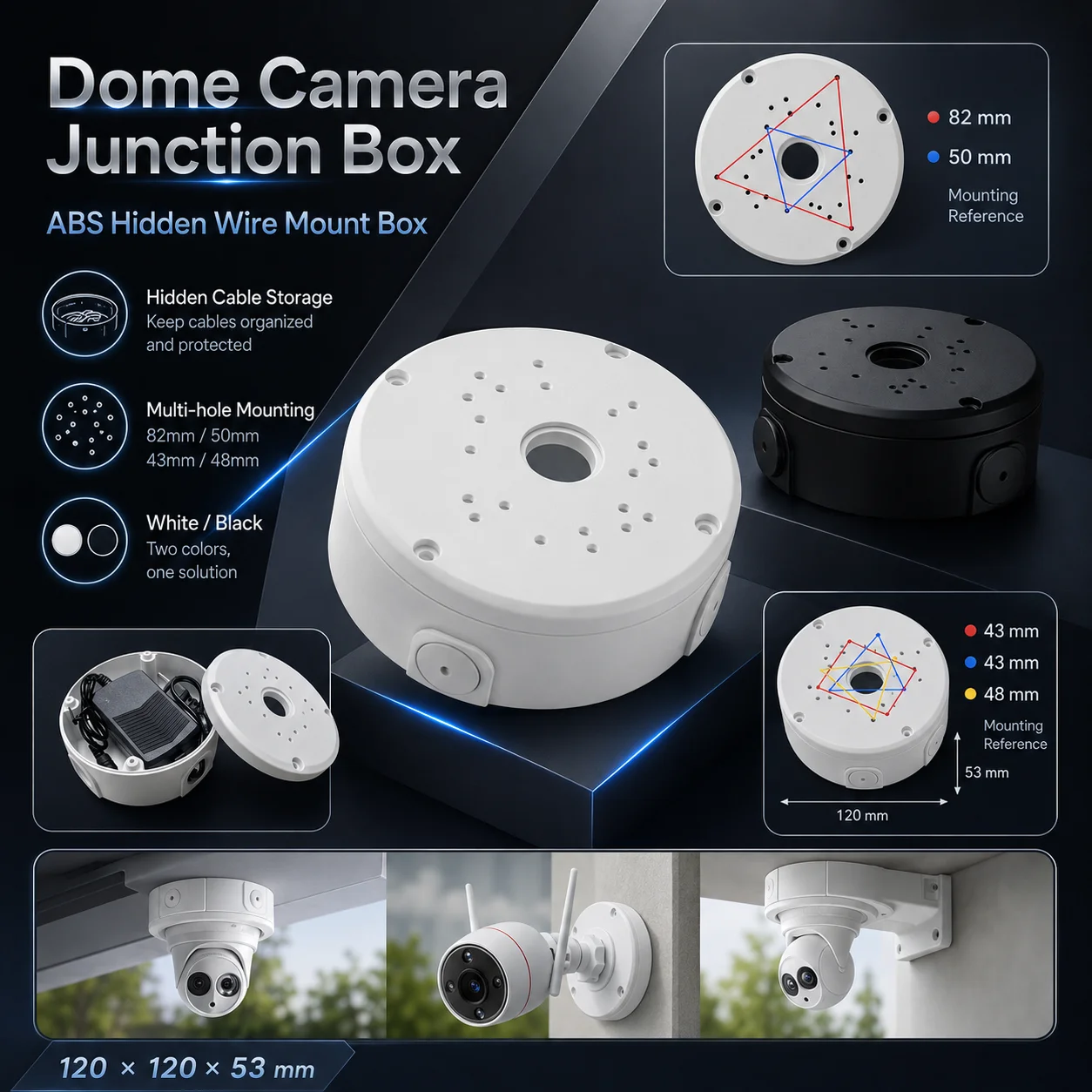 Dome Camera Ceiling Mount Base Round ABS Junction Box Cable Hide Bracket for CCTV Security Camera Installation
