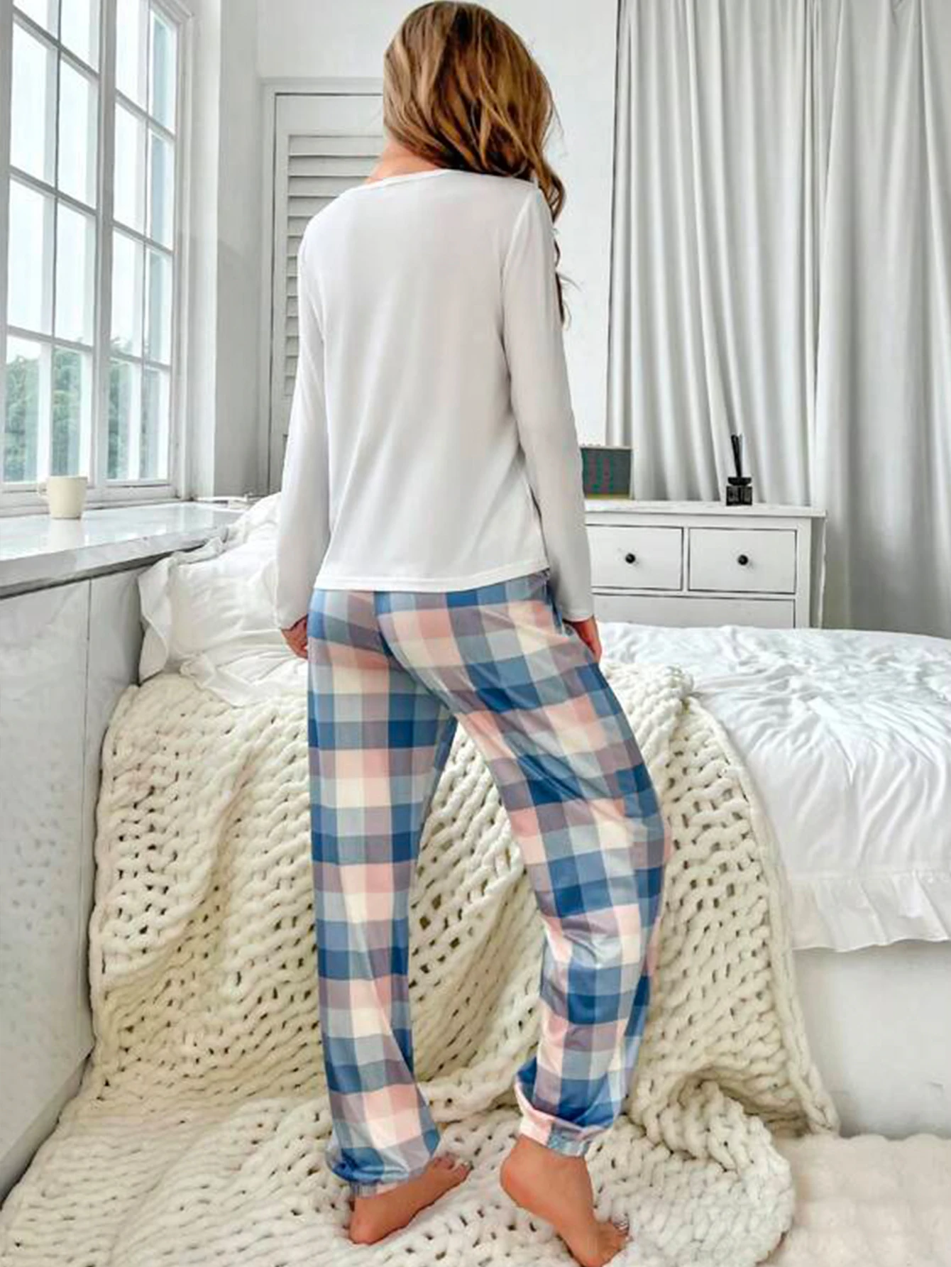 Women Pajama Set Long Sleeve Round Neck Top Plaid Jogger Casual Slogan Print Women\'s Sleepwear & Loungewear