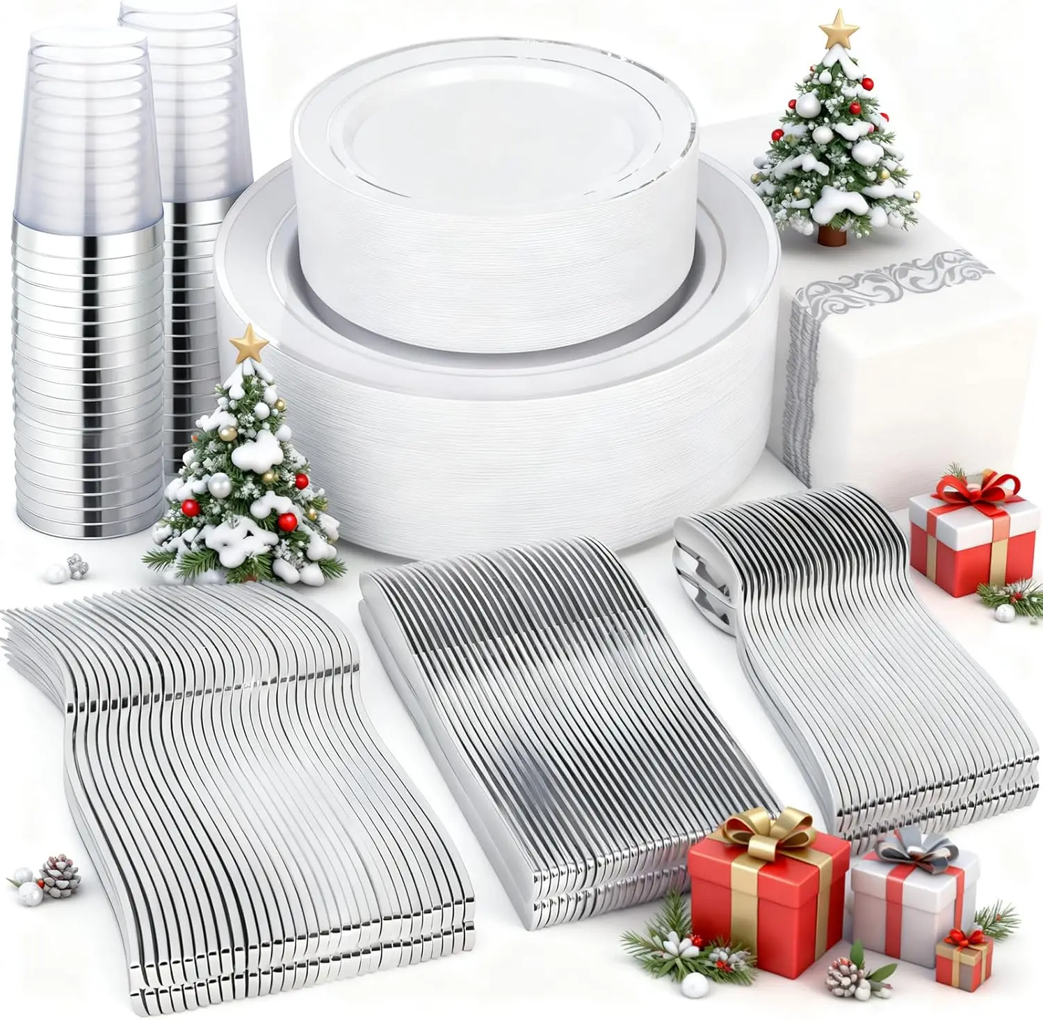 

400pcs Silver Plastic Dinnerware Set for Parties & Weddings, Includes Plates, Cutlery, Cups & Napkins