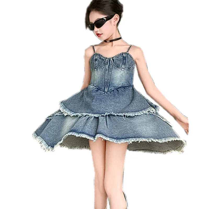 

Teen Girls Denim Dresses Summer Sleeveless One-Piece Clothes Kids Jumpsuit Overalls Solid Color Dress Fashion Children's Costume