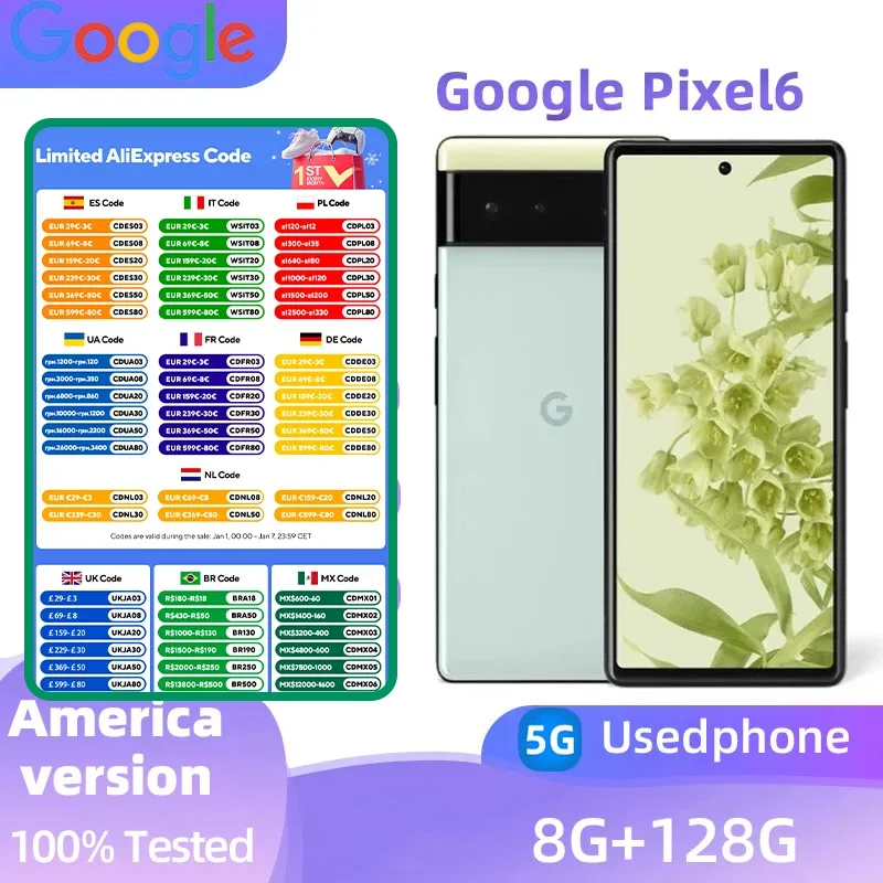 Google Pixel 6 5G Pixel6 SmartPhone CPU Google Tensor Battery capacity 4614mAh 50MP Cameraoriginal used phone