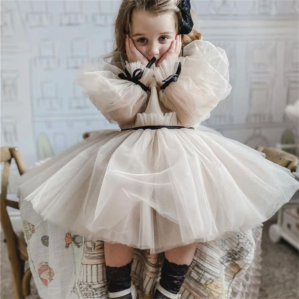 Lovely Princess Tulle Puffy Flower Girl Dress For Wedding Lace Miniskirt Long Sleeve Kid's First Eucharistic Birthday Party Gown