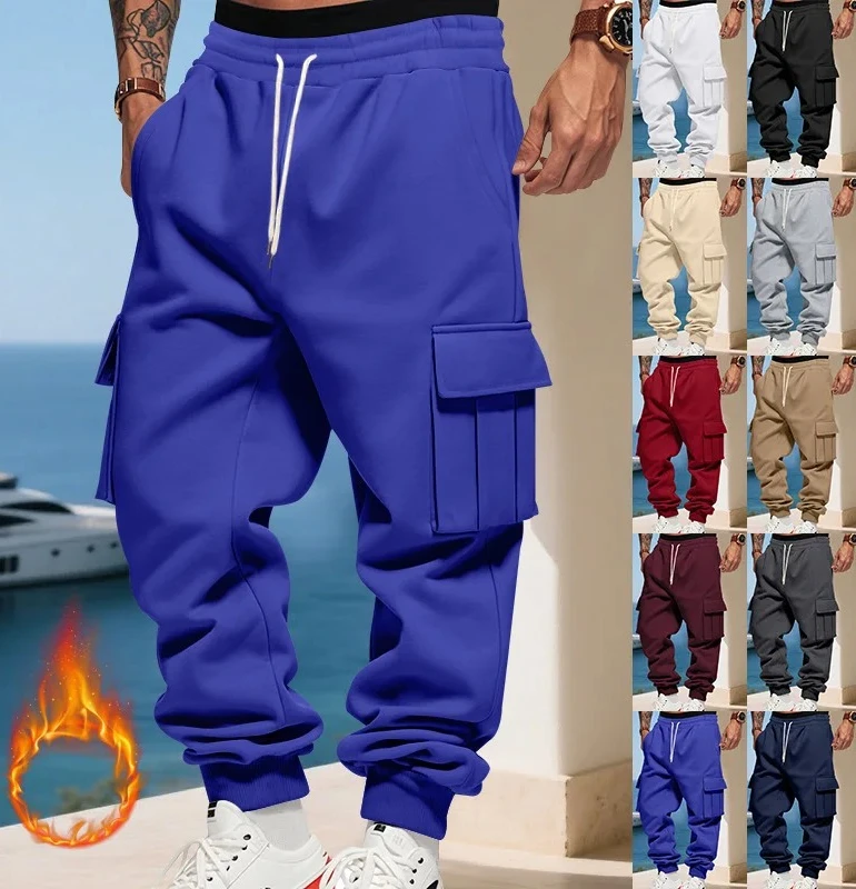 

US Loose Fit Men's Fleece Cargo Sweatpants, Winter Thermal Sports Pants with Multi-Pockets